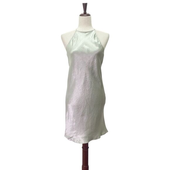 Babaton Lato Halter Mini Slip Dress Silver Sage Green Satin Bias Cut Size Small - Picture 4 of 14